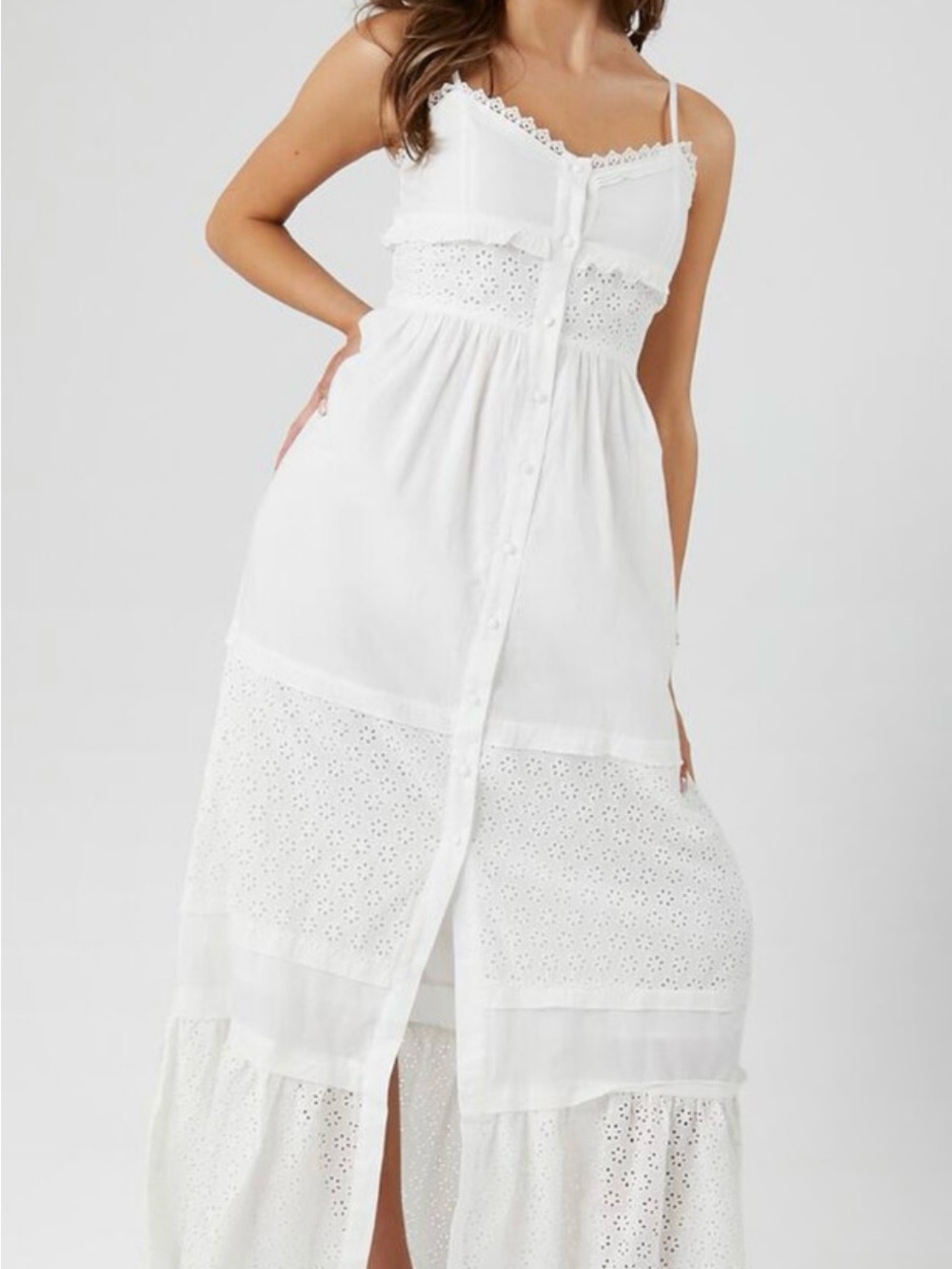 White Eyelet Button-Front Maxi Dress with Spaghetti Straps